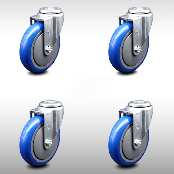 5 Inch SS Blue Polyurethane Wheel Swivel Bolt Hole Caster Set